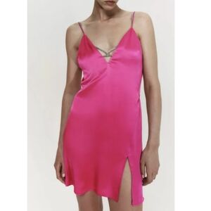 Zara Silk Pink Slip Dress With Chain Detail Small